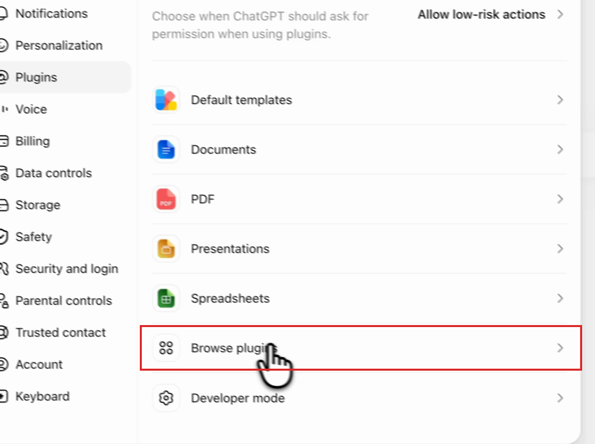 ChatGPT Plugins settings with Browse plugins highlighted