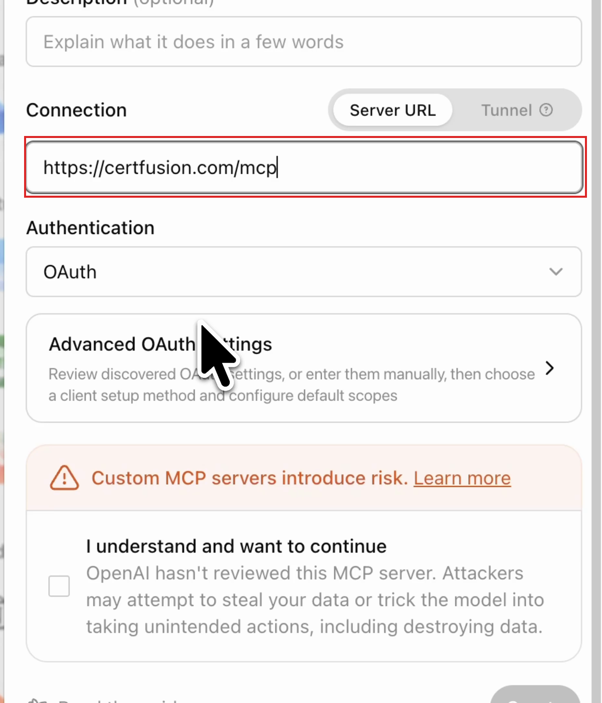 New Plugin dialog with the CertFusion MCP server URL highlighted