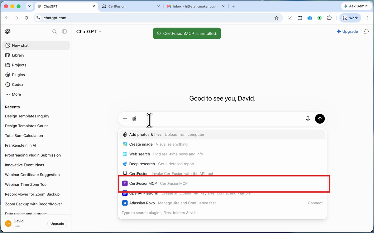 ChatGPT tools menu with CertFusionMCP highlighted