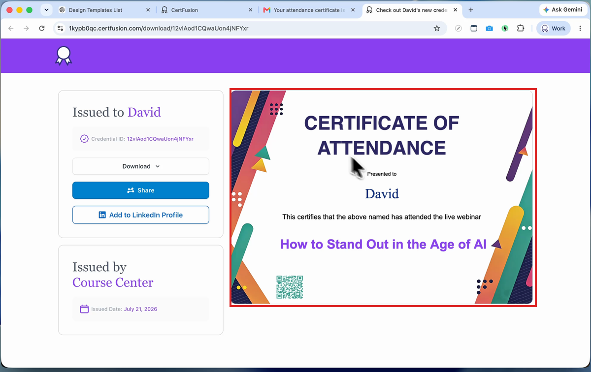 Certificate page with download, share, and LinkedIn options