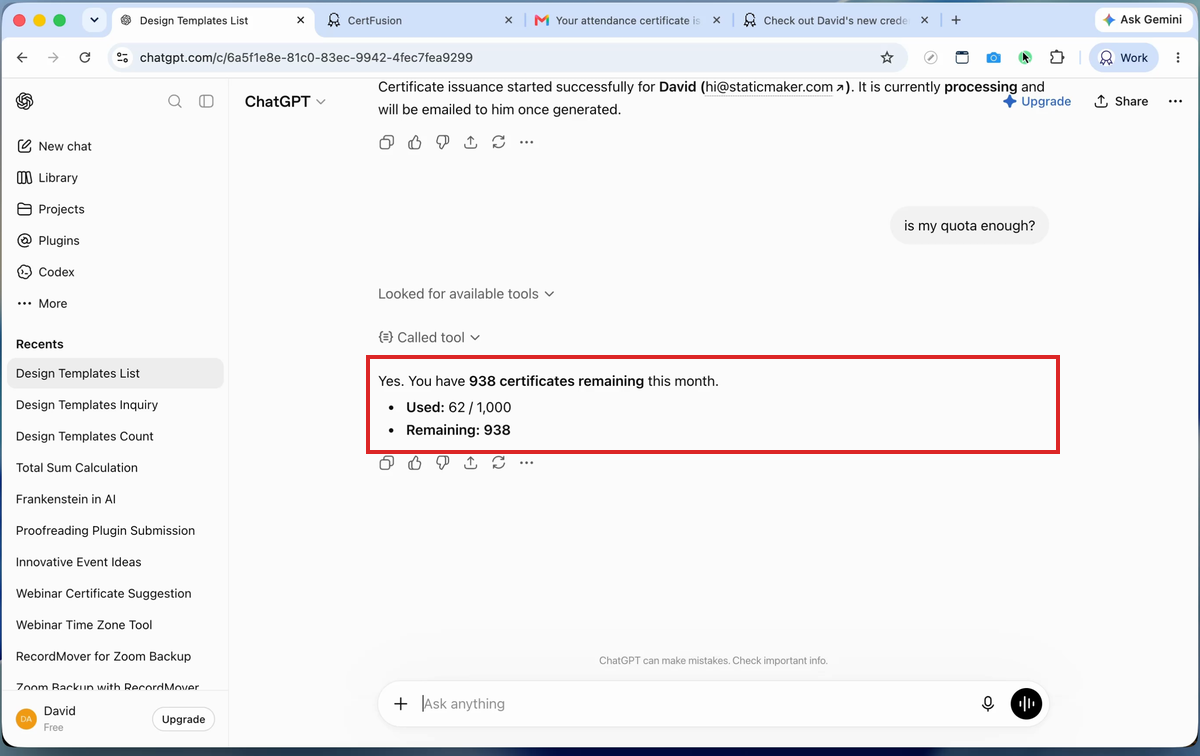 ChatGPT reporting live certificate quota