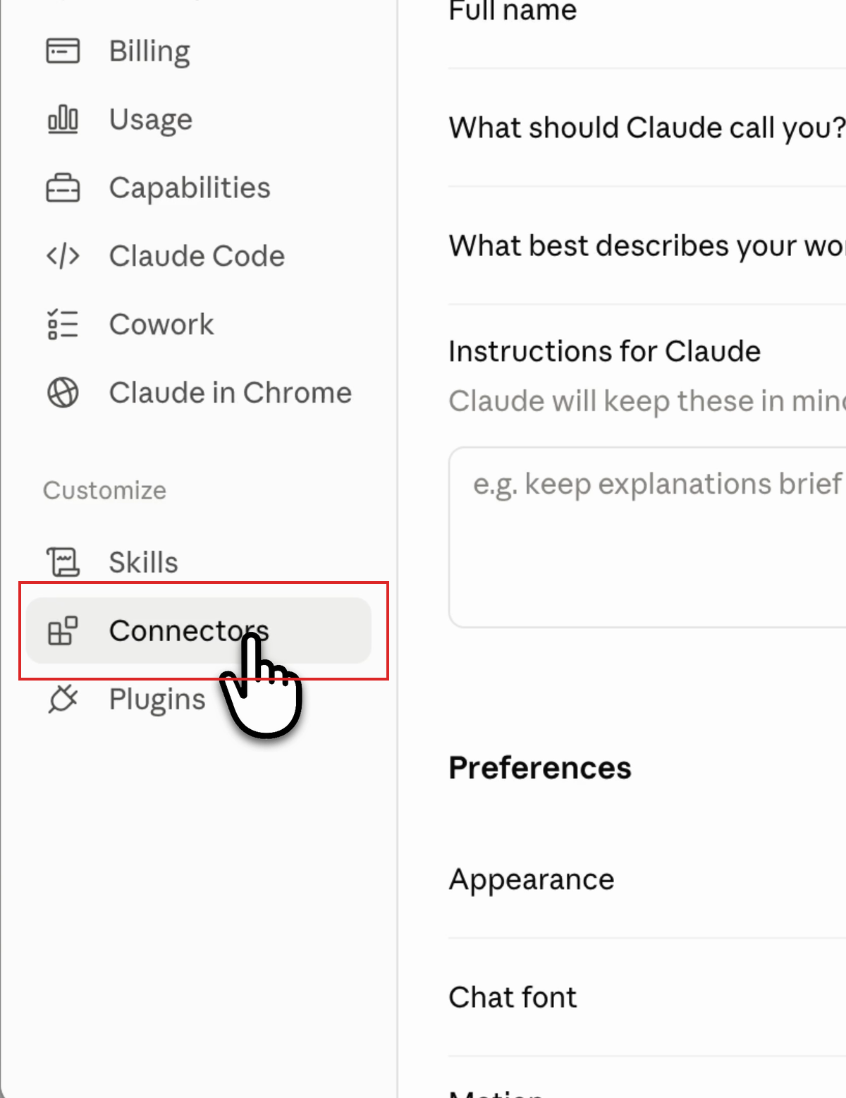 Claude settings sidebar with Connectors highlighted under Customize