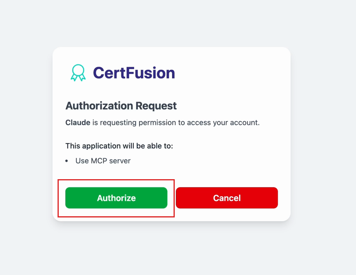 CertFusion OAuth page with the Authorize button highlighted