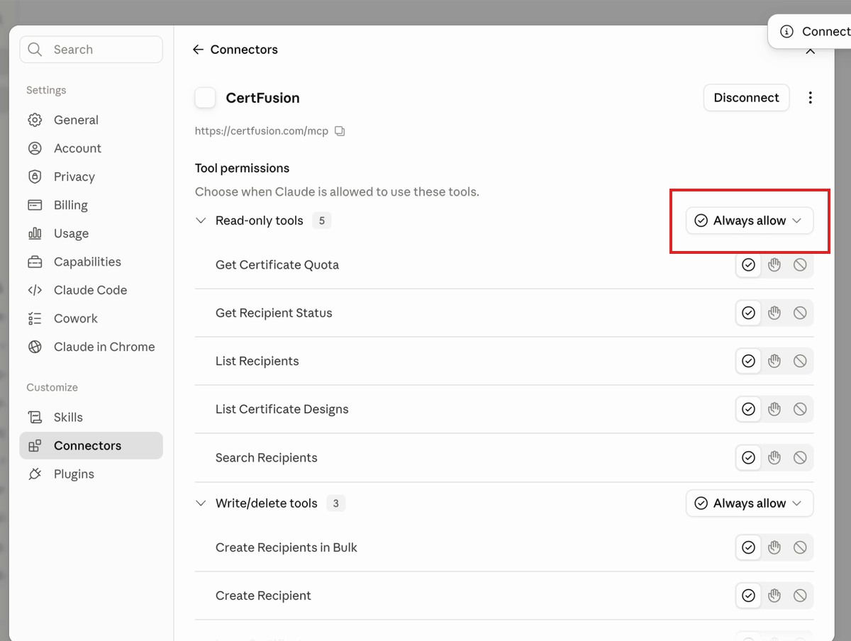 CertFusion connector tool permissions with Always allow highlighted