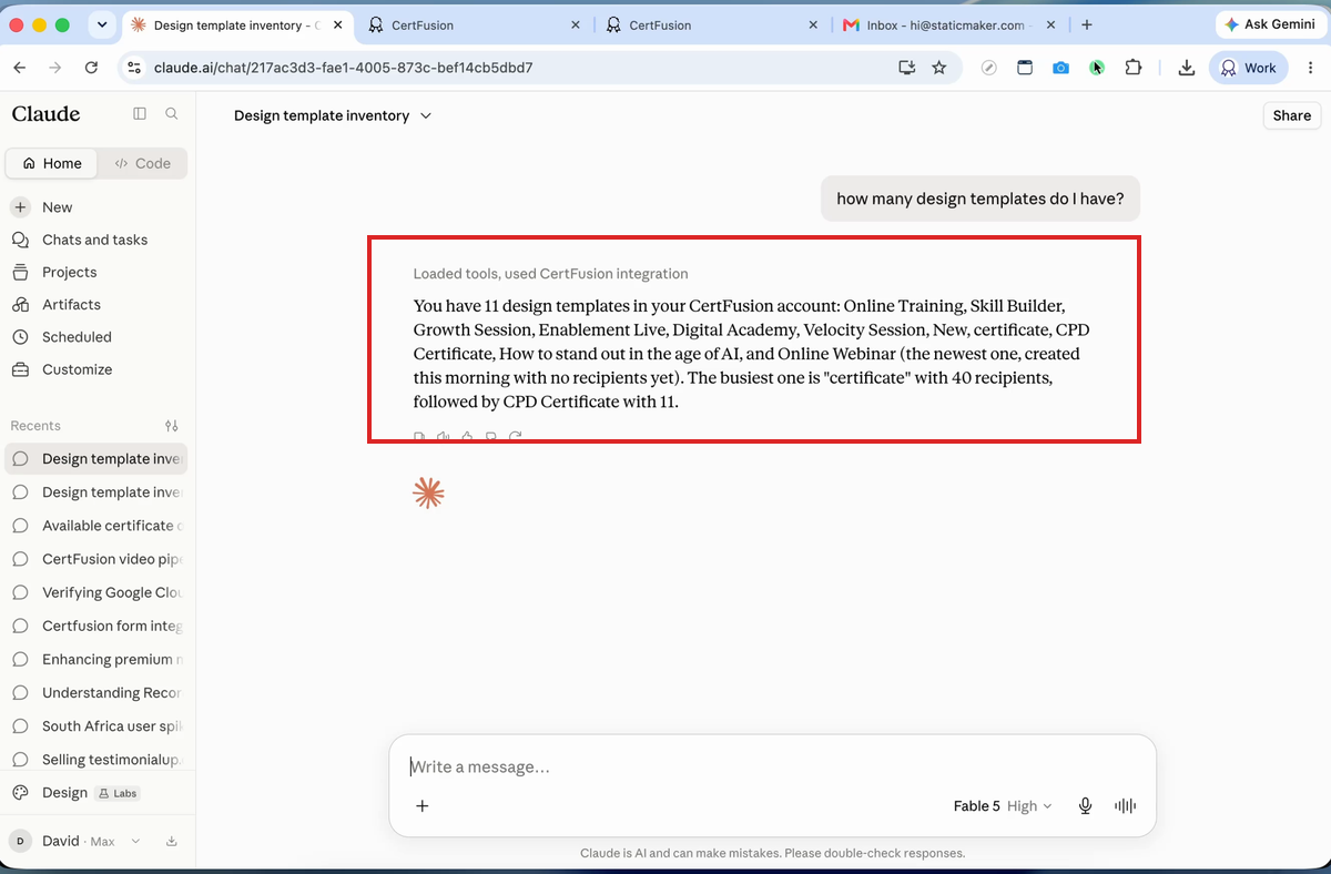 Claude answering with live template data from CertFusion