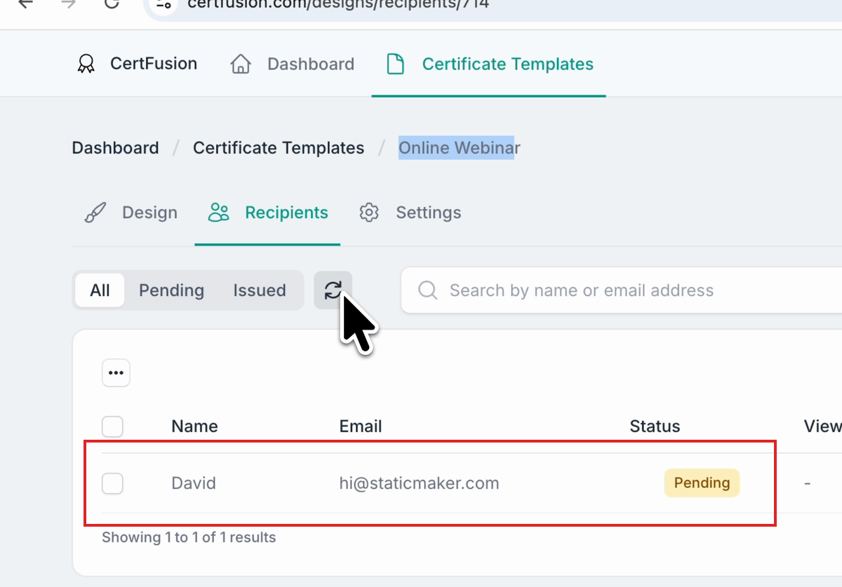 CertFusion dashboard showing the new recipient as Pending