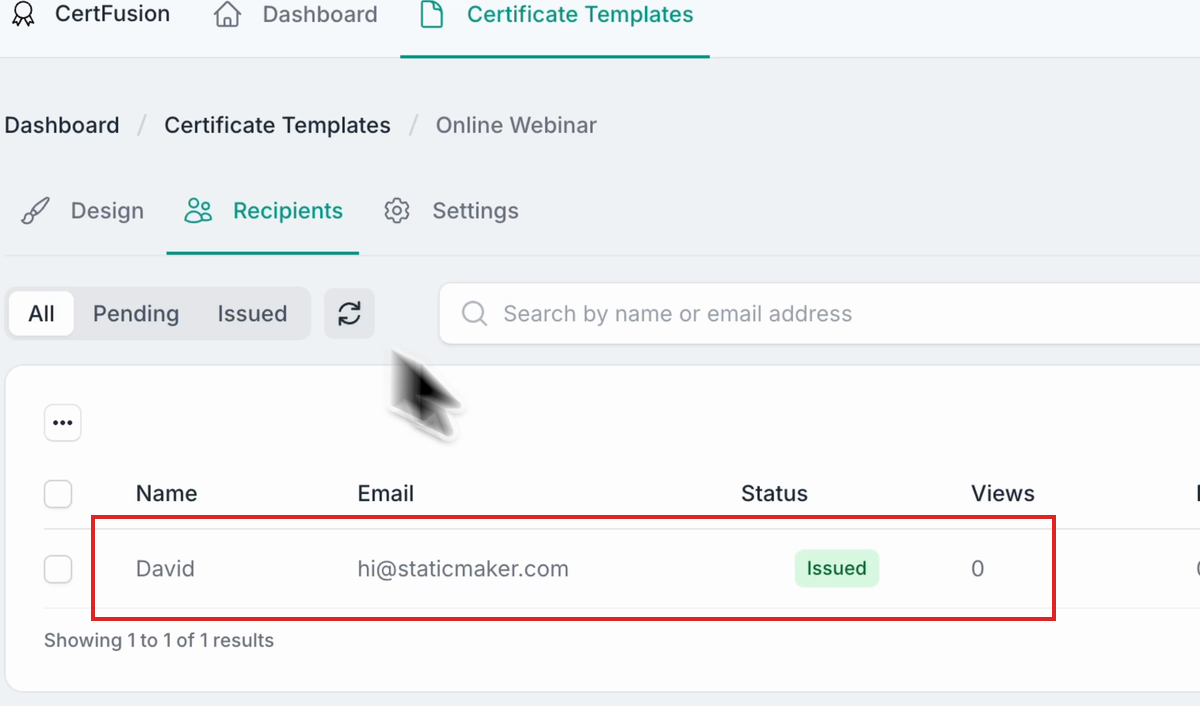 Dashboard recipient row with status Issued