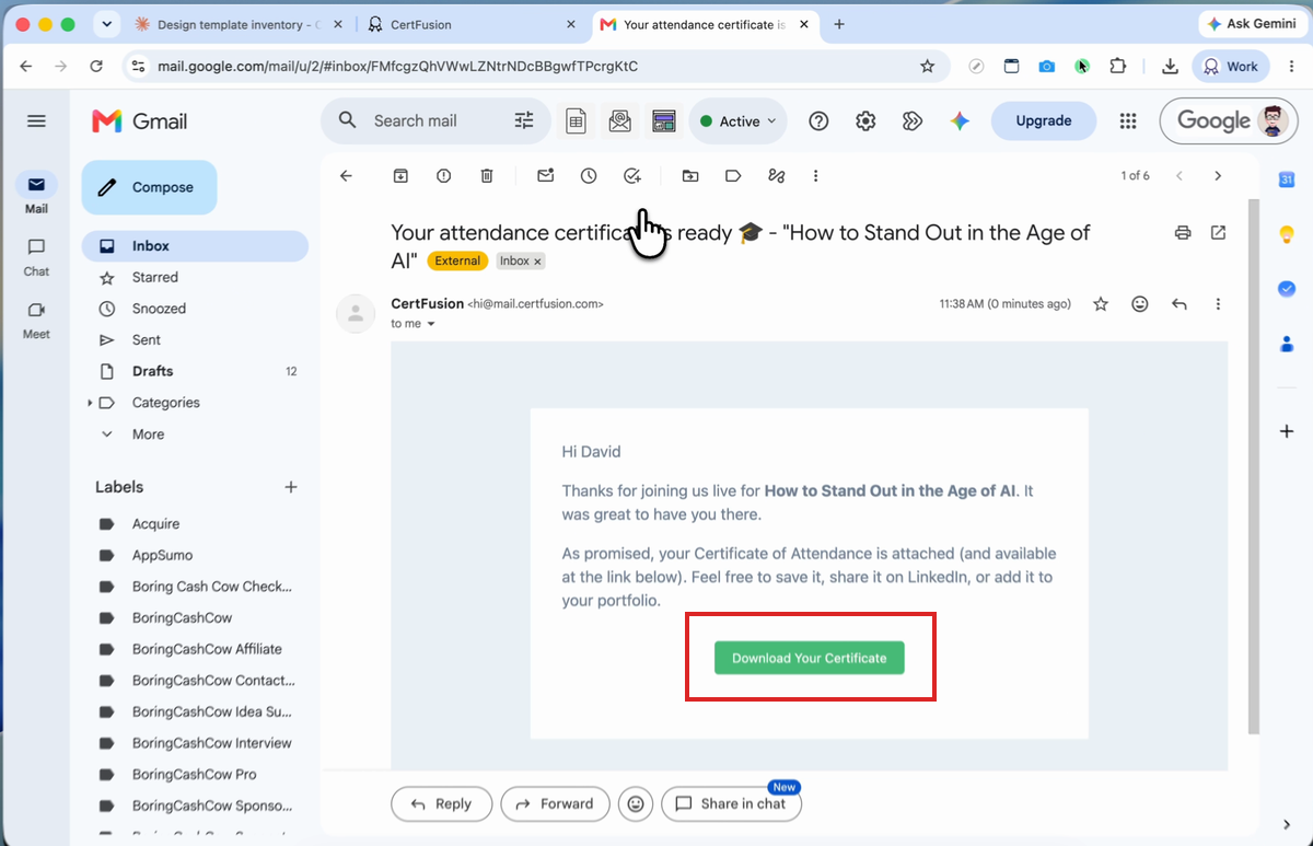 Certificate email with the download button highlighted