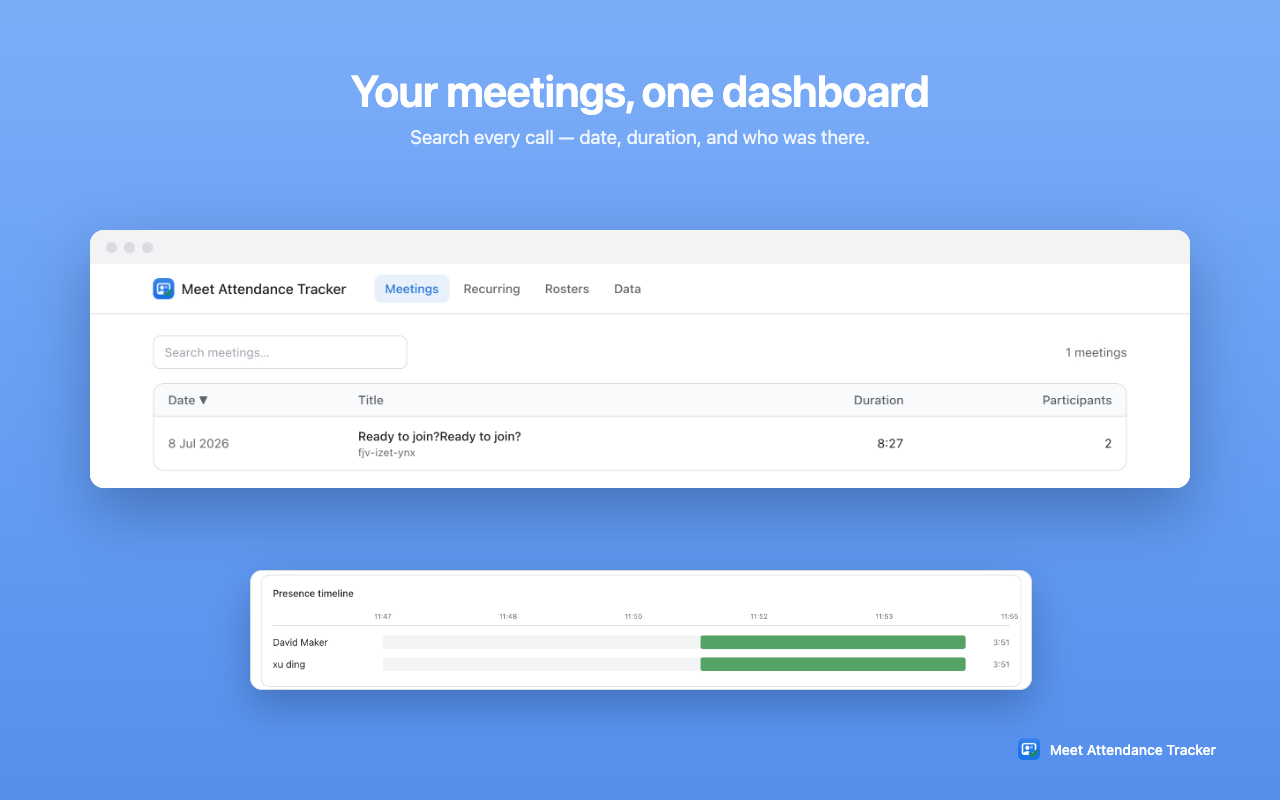 Meet Attendance Tracker dashboard listing all tracked Google Meet meetings